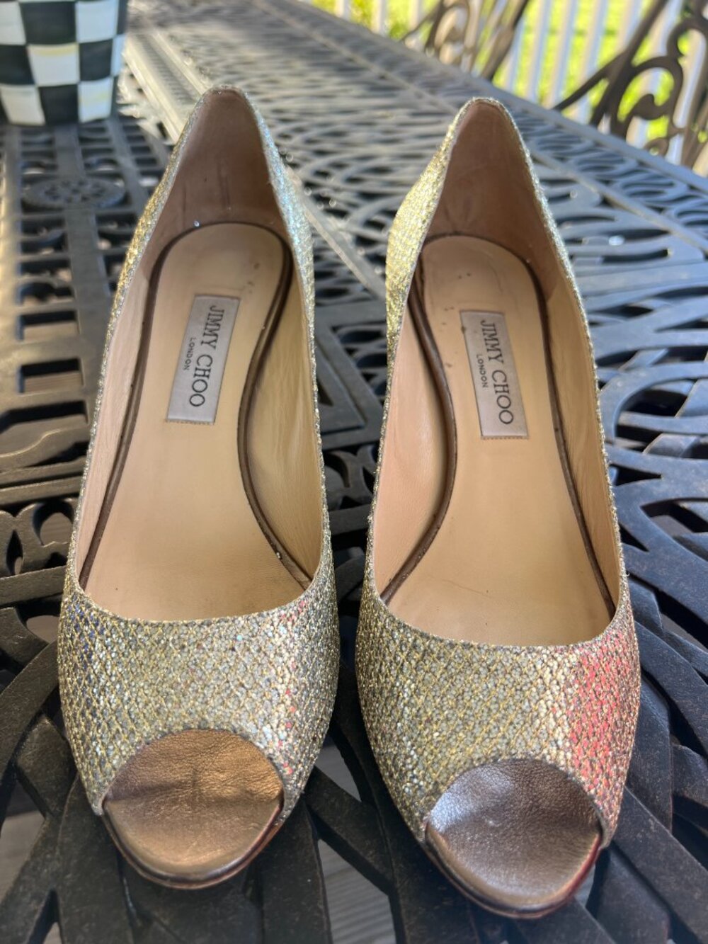 Jimmy Choo Isabel Champagne Glitter Peep Toe Pumps 39.5 / US 9.5